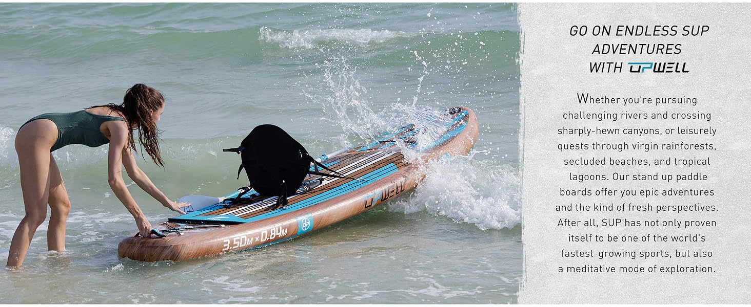 Надувний SUP-борд UPWELL Premium Stand Up Paddling Board з комплектом: сидіння, кріплення для камери, весло, 204 кг, для 2 осіб, 350x84x15 см