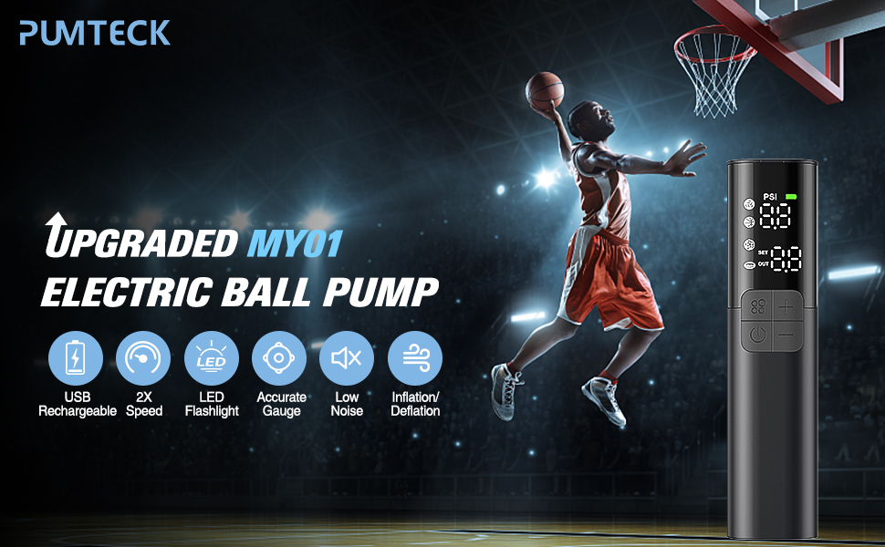 Електрична повітряна помпа Pumteck MY01 для м'ячів: баскетбол, футбол, волейбол. Точний манометр, 4 режими, автоматична. Макс. 15 PSI, чорна