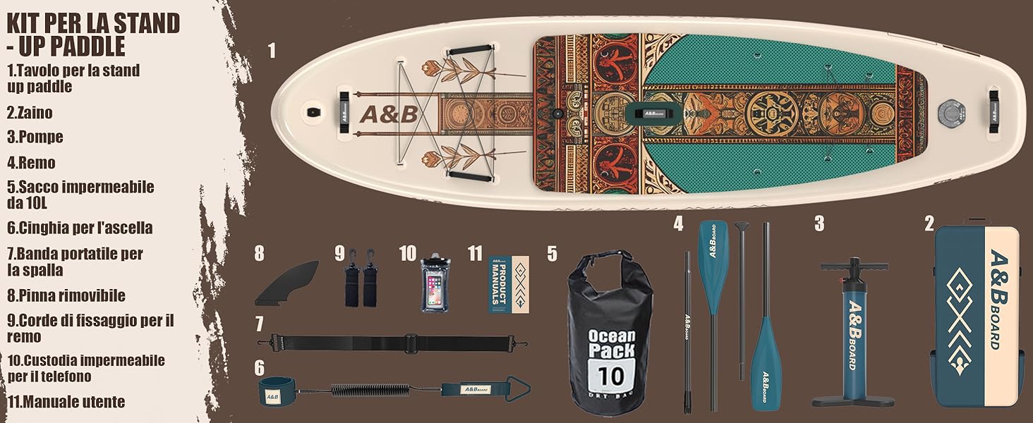 Надувний SUP-борд A&BBOARD з аксесуарами, 335x88 см, для підлітків та дорослих (Бежевий + Класичний)