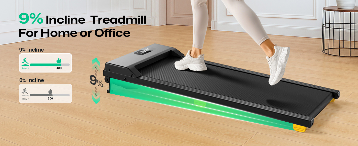 UREVO Walking Pad - біговий килимок з регулюванням нахилу 9%, тихий, з амортизацією, 2.5 к.с., для дому/офісу, з пультом, без монтажу, чорний