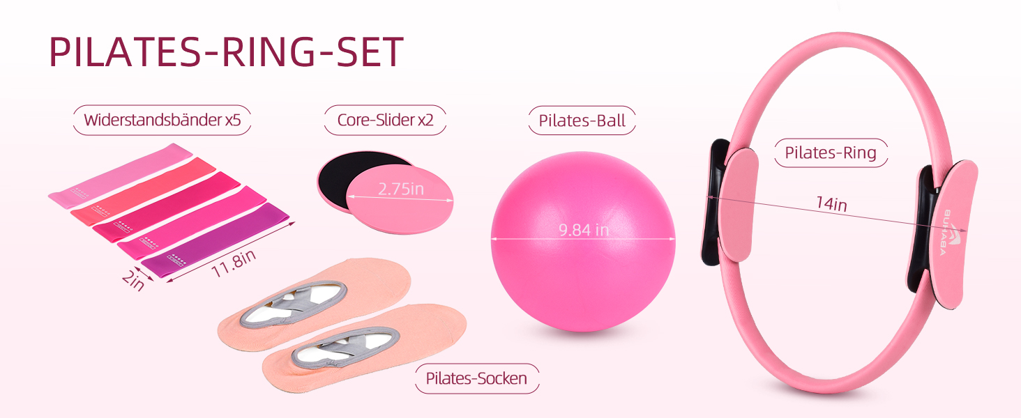 Набір для пілатесу Abahub: кільце 35 см, м'яч 25 см, 5 еластичних стрічок, шкарпетки для йоги, ковзаючі диски. Для жінок, домашні тренування, сила, гнучкість, стабільність та підтяжка тіла. Рожевий