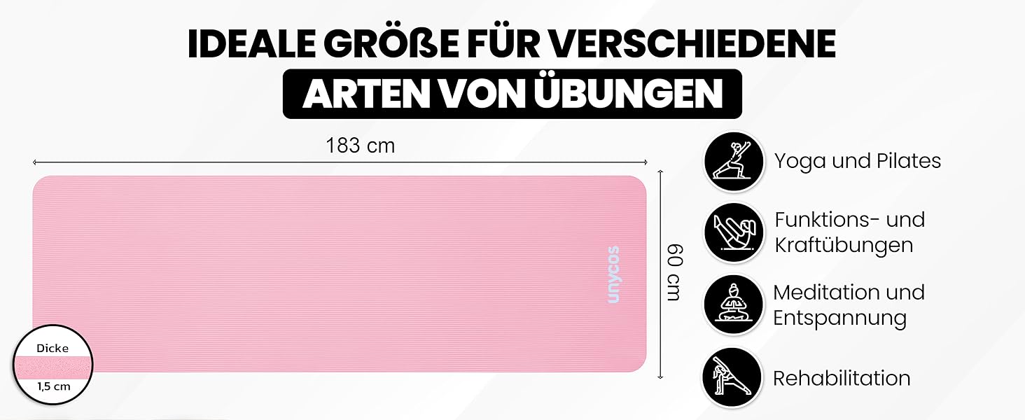 Килимок для йоги Unycos з нековзким покриттям | Щільність 6/10/15 мм, килимок для гімнастики з ремінком, електронна книга | Дружній до шкіри фітнес-килимок для пілатесу, тренувань, спортзал #14 Світло-рожевий 183*60*1.5 см