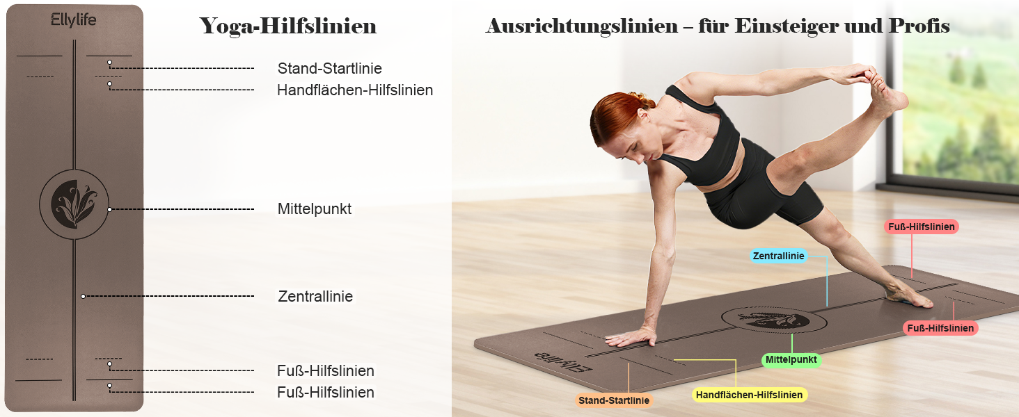 Килимок для йоги та пілатеса з еко-каучуку та TPE, протиковзкий, з лініями розмітки та ременем для перенесення, коричневий, 4мм