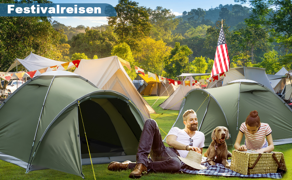 Намет для кемпінгу на 2-4 особи з тамбуром, водонепроникний (PU5000), зелений, для подорожей, трекінгу, кемпінгу та відпочинку на природі