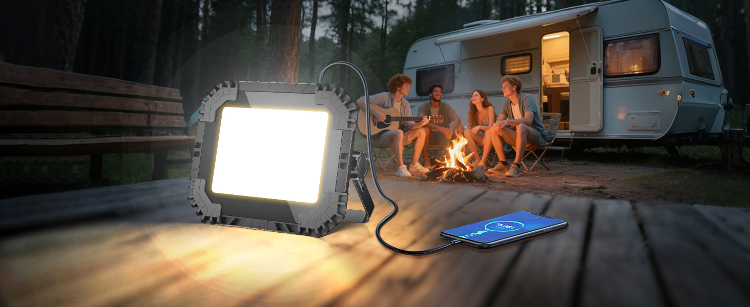 LED прожектор на акумуляторі CLV 200W, 20000mAh, IP66, вологостійкий, 4 режими, 2 рівні яскравості, USB, сонячна панель, для кемпінгу, будівництва, аварійне освітлення (чорний)