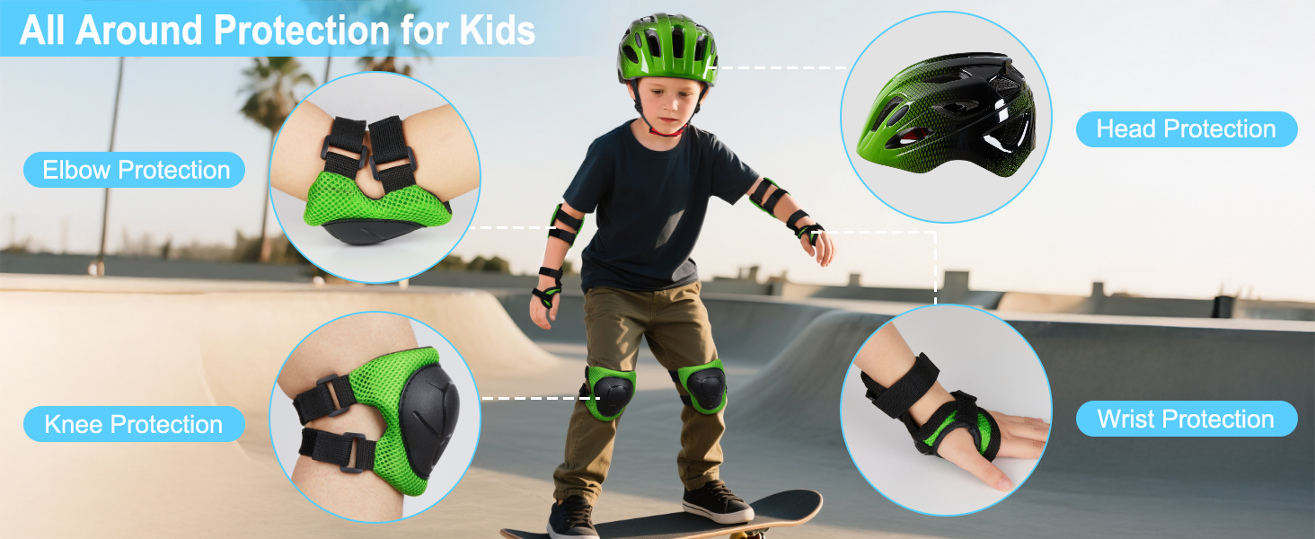 Дитячий шолом Kinderhelm для велосипеда, 3-8 років, регульований, захист для дівчаток, комплект наколінників (зелений/чорний)