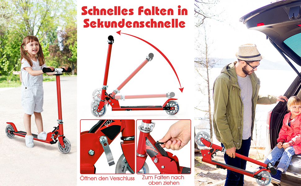 Дитячий ролер Costway з LED-колесами, для дітей від 4 років, до 70 кг, регульована висота, ролер-кіксктер для хлопчиків та дівчаток (червоний)