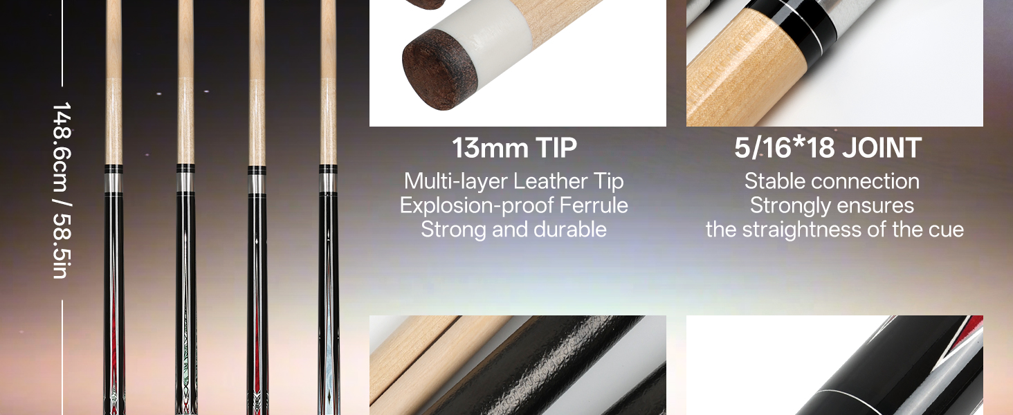 Більярдний кий Kmise Queue-Set 18-21oz з канадського акації, покращений хват, 4 кольори, з крейдою та рукавичкою