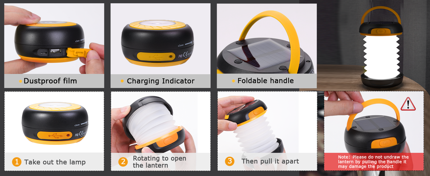 Сонячна кемпінгова лампа LED з акумулятором, 2 способи заряджання (Сонячна/USB), 3 режими світла, включає браслет для виживання з свистком (Жовтий)