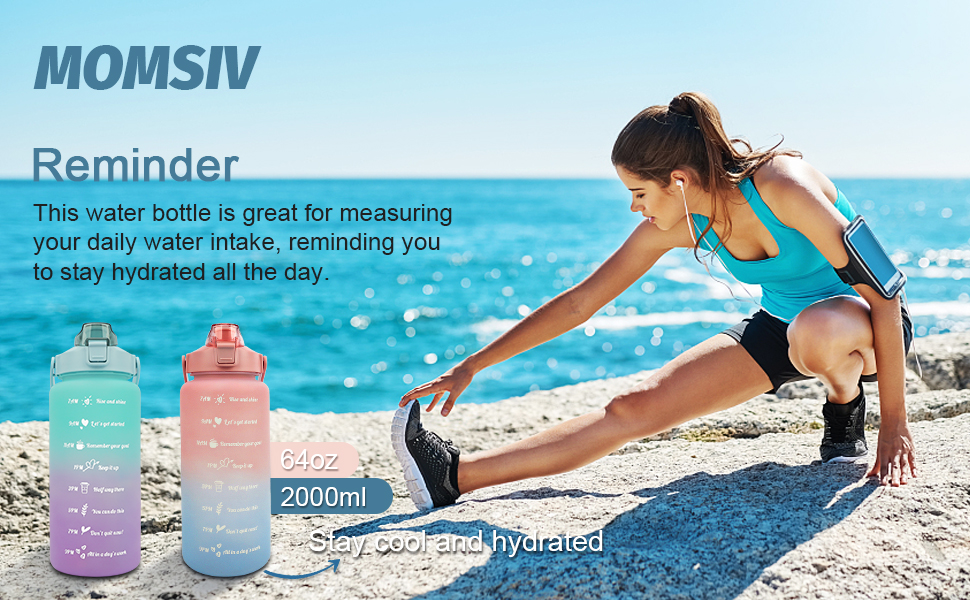 Спортивна пляшка для води MOMSIV 2L з трубочкою та відсіком для фруктів, з мітками часу, чорна, витіювання зелено-фіолетове