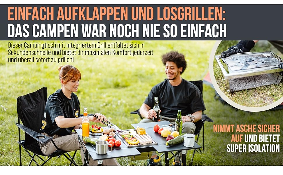 Преміум туристичний стіл Castra з інтегрованим грилем – алюміній 7075, регульована висота, для відпочинку на природі, вологостійкий, інноваційна складна система, багатофункціональний стіл та аксесуари для кемпінгу, саду, подорожей та риболовлі