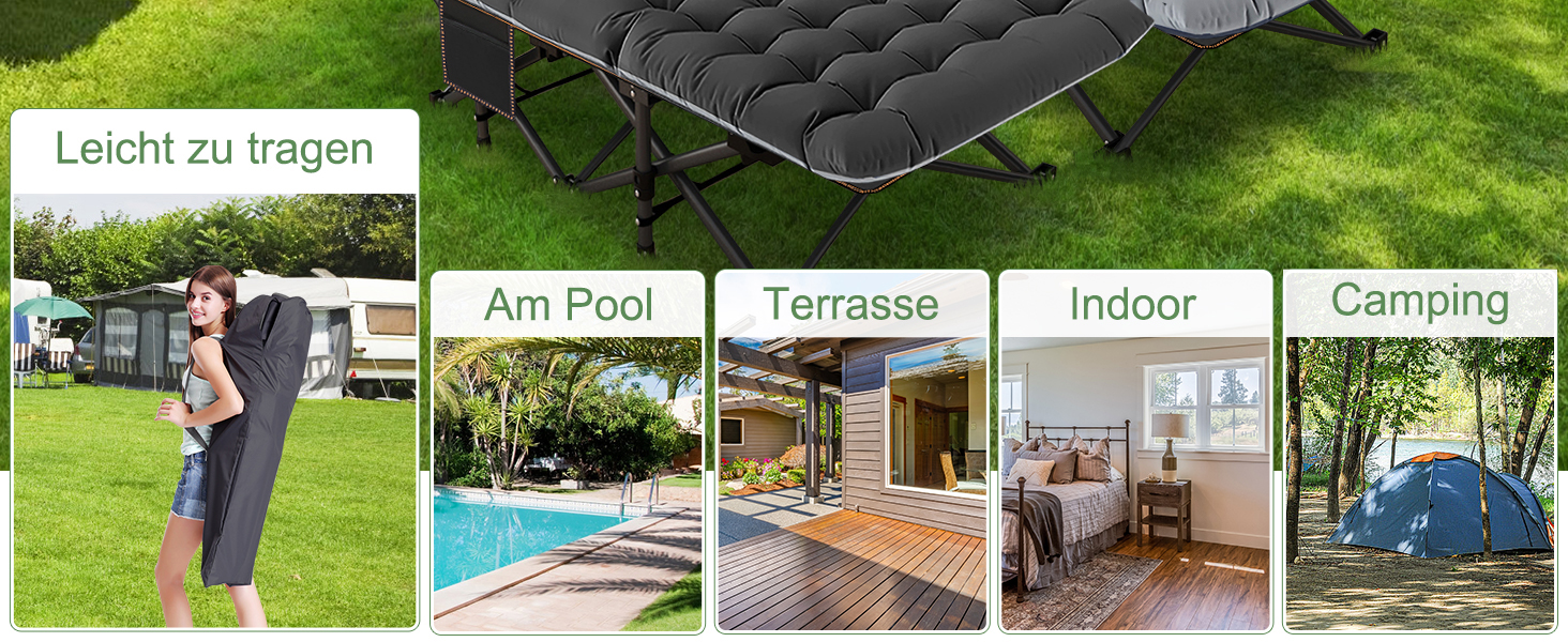 Велике розкладне ліжко з матрацом – 198x81x46 см, 400 кг, сталевий каркас, оксфордська тканина, для дорослих, сад, подорожі (XXL Чорний)