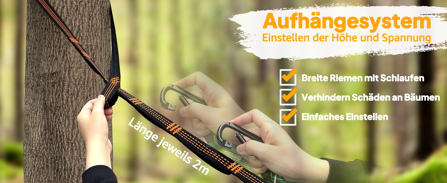 Гамак для кемпінгу NATUREFUN Ultraleicht | 300 кг, 275 x 140 см | Дихаючий, швидковисихаючий, нейлон | 2 карабіни, 2 петлі | Для відпочинку вдома, на природі, в саду