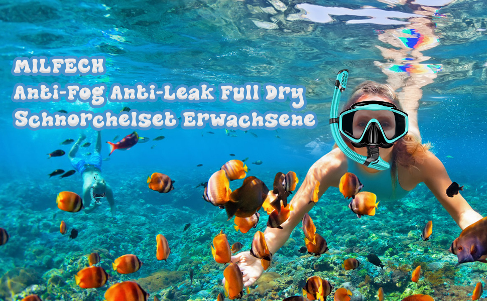 Набір для підводного плавання MILFECH для дорослих, набір для підводного плавання з окулярами для дайвінгу та сухою трубкою, маска для трубки проти запотівання, проти протікання, для дайвінгу, підводного плавання, плавання, суха трубка (зелена)