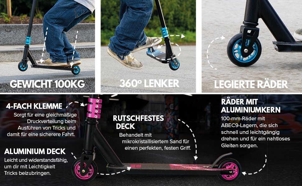Трюковий самокат BOLDCUBE Deluxe Stunt Roller Black Fire з підшипниками ABEC 9 для дітей, підлітків та дорослих (6+ років)