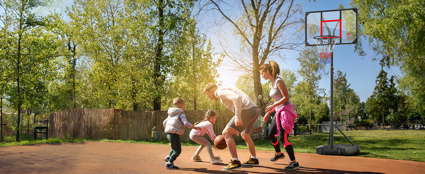 Баскетбольний кошик вуличний дитячий/підлітковий на колесах, регульована висота 147-260 см, з полікарбонатною щитом 82x53 см та розширеною основою, чорно-червоний