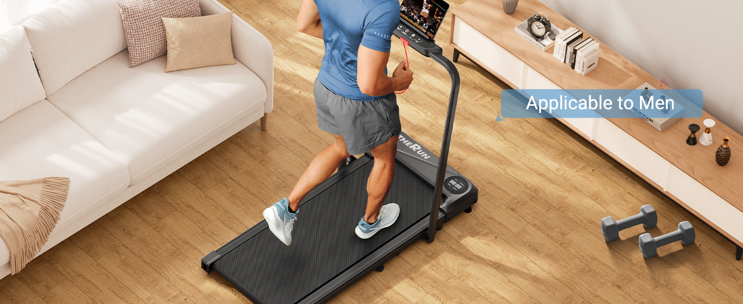 Біговий тренажер THERUN для дому, складний, Walking Pad, тихий з поручнем та LED-дисплеєм, до 10 км/год, подвійне амортизаційне з'єднання, біговий стіл для дому та офісу, не потребує збирання, чорний
