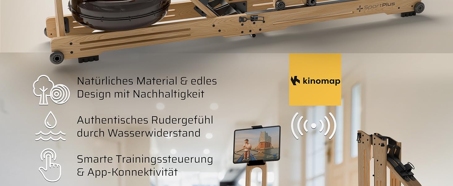 Водяний тренажер SportPlus для дому - складаний, міцний дуб, до 180 кг, сумісний з додатком