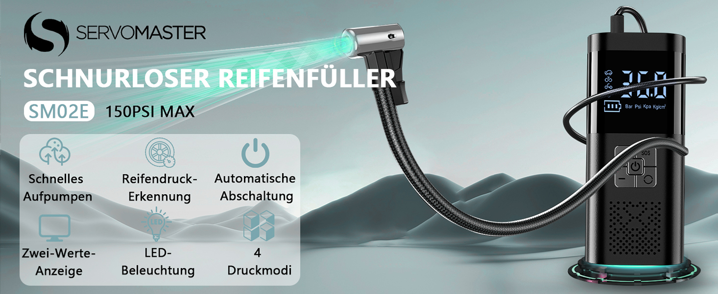 Електричний компресор для шин SERVOMASTER: велосипед, авто, мото, м'ячі. Акумуляторний, 150 PSI, з усіма насадками.