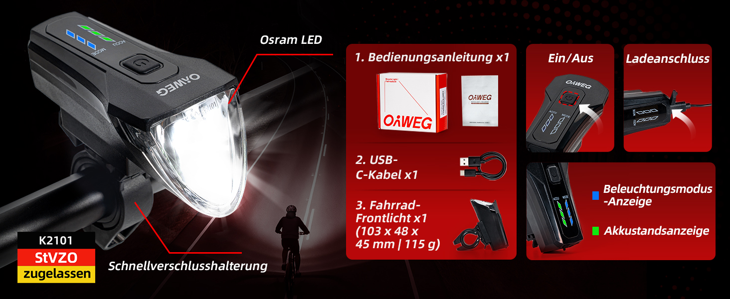 Передній велосипедний ліхтар Osram LED зі смарт-сенсором, 4 режими освітлення, USB-C зарядка, IPX4 вологозахист для міського велосипеда, електровелосипеда та MTB