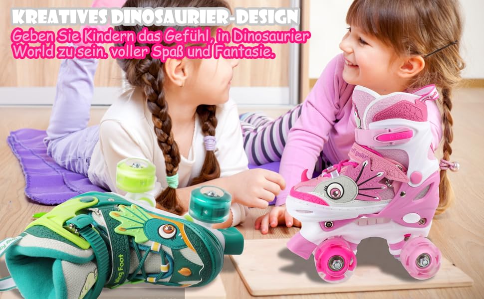 Ролики дитячі Kinder Dinosaurier з підсвічуванням, розмір регулюється, рожеві