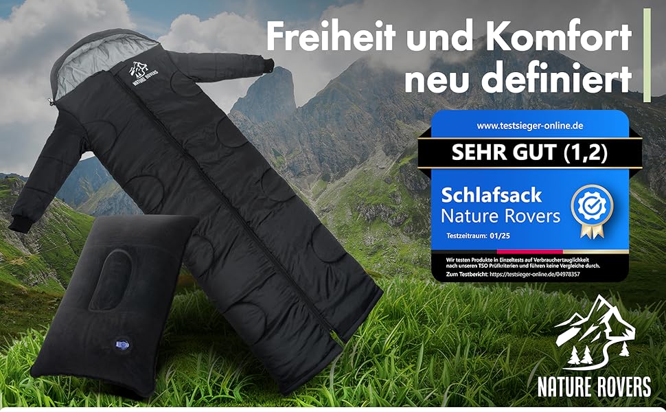 Спальний мішок з рукавами Nature Rovers – дорослий, для кемпінгу та відпочинку на природі (3 сезони), водонепроникний, з отворами для ніг, включає подушку, чорний