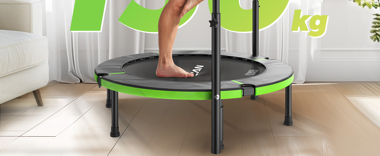 Трамплін для дому BCAN Fitness: діаметр 102/122/130 см, пружинний/з еластичним тросом, для дорослих до 250 кг, з регульованими ручками, тихий та з низькою вібрацією, зелений