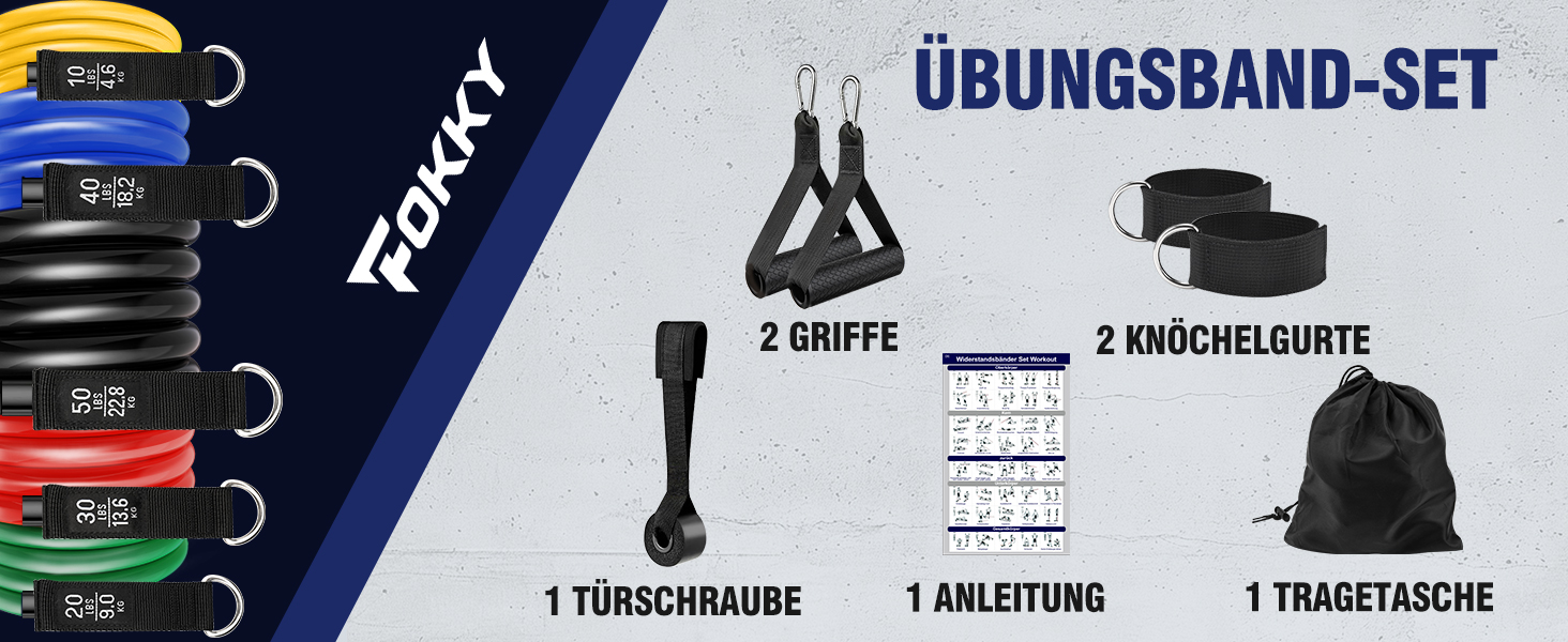 Фитнес-гумки Fokky, набір 5 шт. з різними рівнями опору, з аксесуарами для йоги, пілатесу, силових тренувань (для чоловіків та жінок)