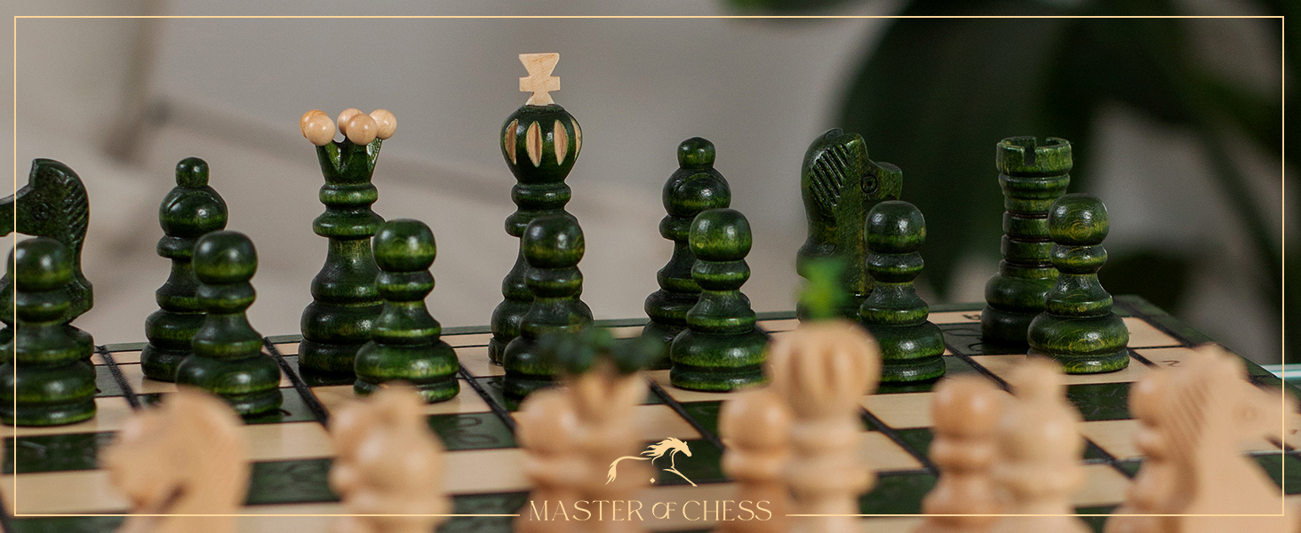 Шаховий набір з витонченим інтарсією з вишневого дерева Pearl XL | Master of Chess | Шаховий набір 42 см | Класичний шахи для дітей та дорослих - шахівниця з фігурами (Зелений XL)