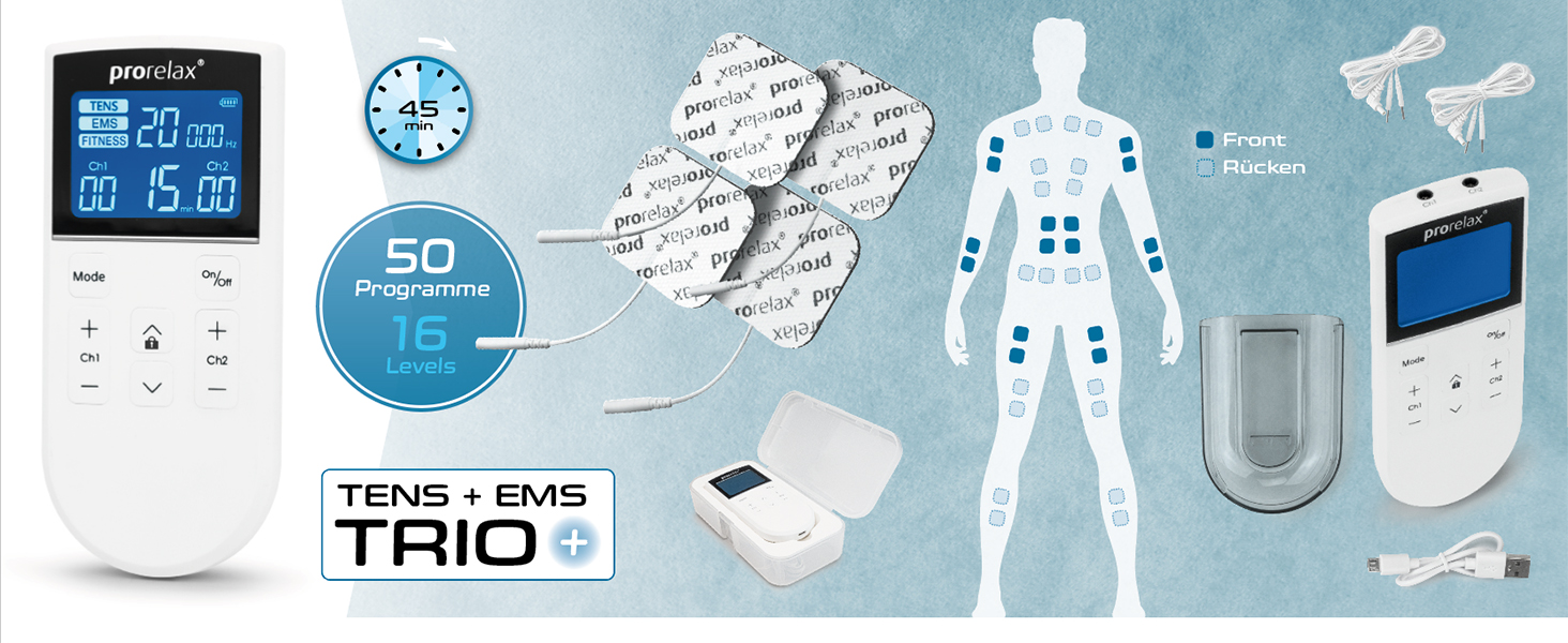 Prorelax Trio+ - електростимулятор для терапії та фітнесу (TENS, EMS) | 50 програм, 16 рівнів інтенсивності
