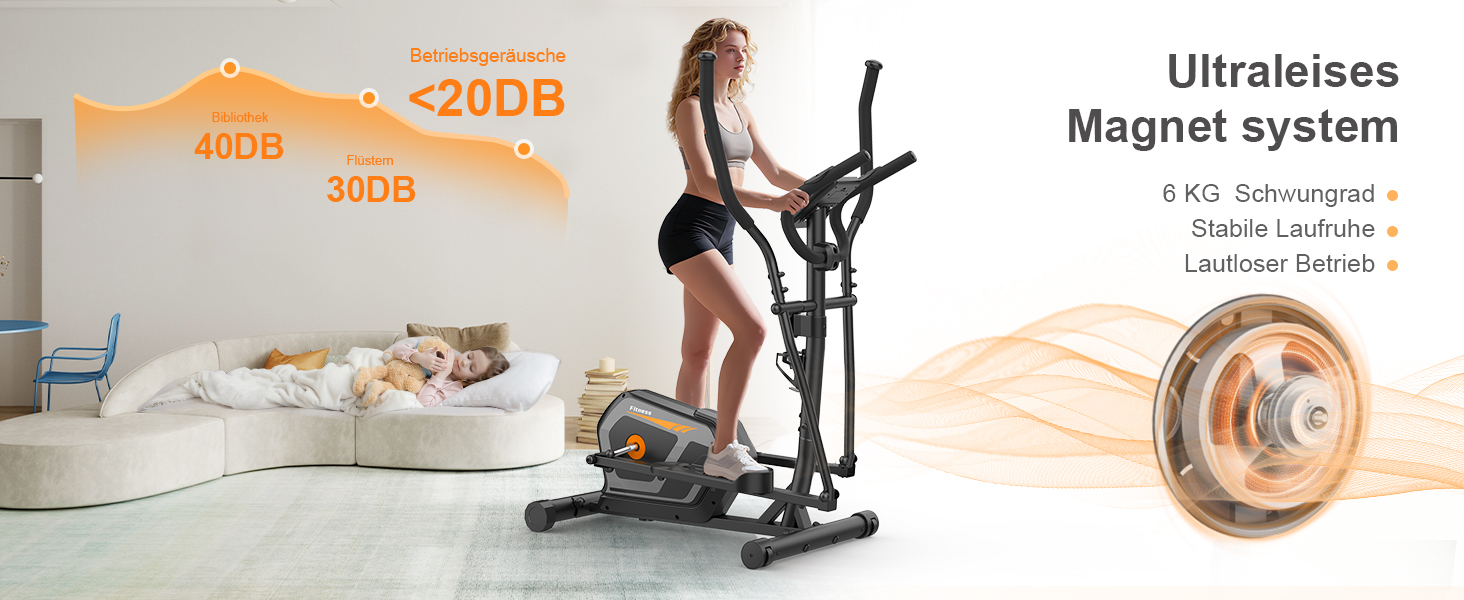 Еліптичний тренажер Neezee з Bluetooth, 16 рівнів опору, 6 кг маховиком, LCD-монітором та датчиком пульсу (Оранжевий + Чорний)