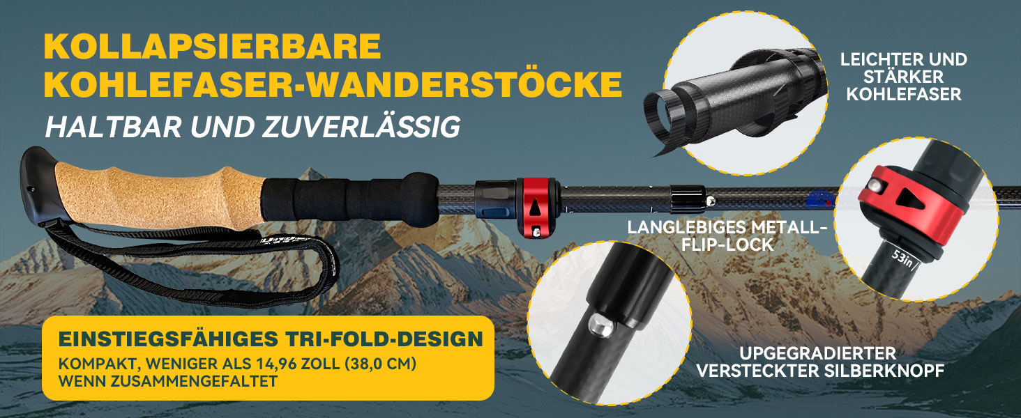 Вандершток UnderwoodAggregator Carbon Fiber – 2 шт. Легкі та регульовані трекінгові палиці для жінок та чоловіків, складані, з швидкою фіксацією, для подорожей з рюкзаком, чорний