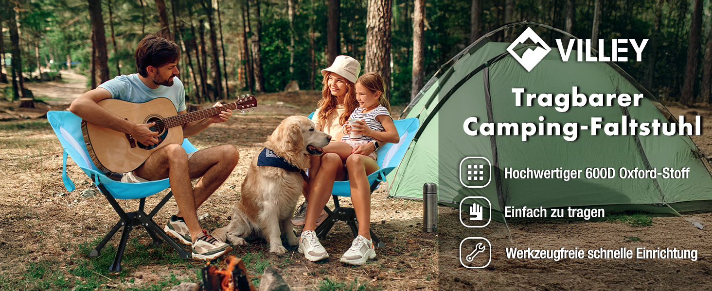 Складний туристичний стілець VILLEY, блакитний, з алюмінієвим каркасом, 150 кг, з сумкою для відпочинку та риболовлі