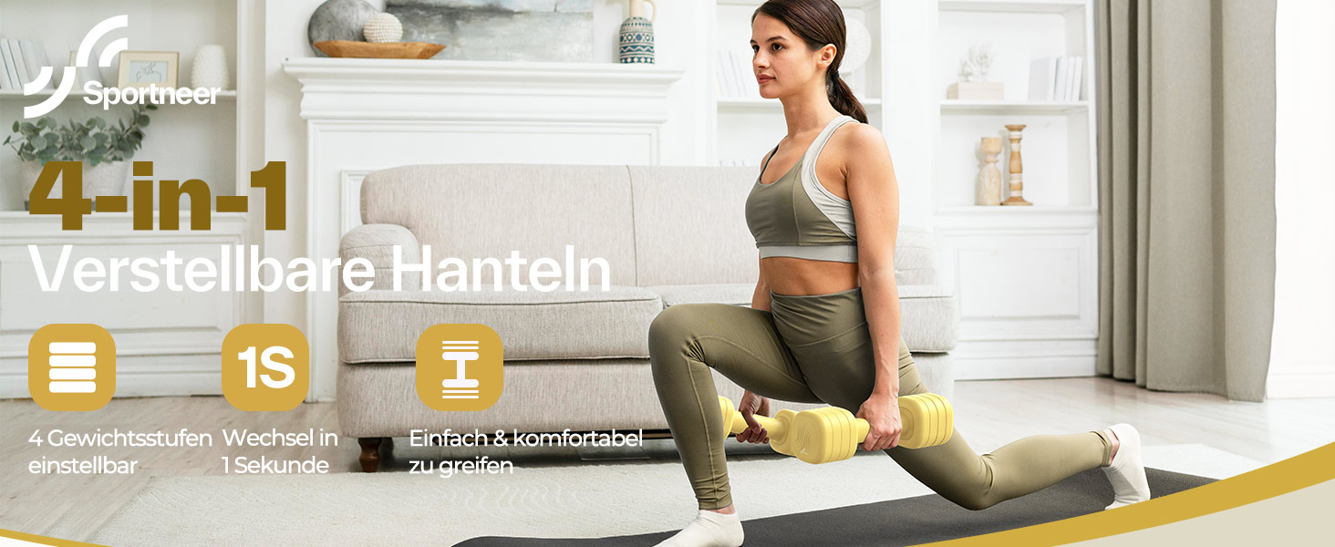 Sportneer Регульовані гантелі для жінок - комплект 2 шт. (вага 1-2.5 кг) з антиковзним TPU-покриттям, 4-в-1 комплект гантелей для фітнесу вдома, домашній спортзал та силові тренування (жовтий)