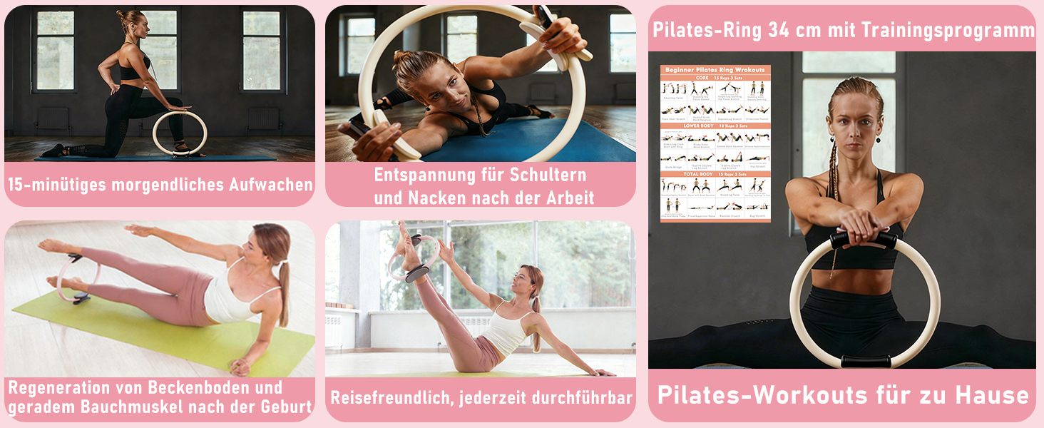 Pilates-кільце з набором для домашніх тренувань: Magic Circle 35 см, утяжелители для щиколоток та зап'ясть, гумові стрічки, для початківців, рожевий колір