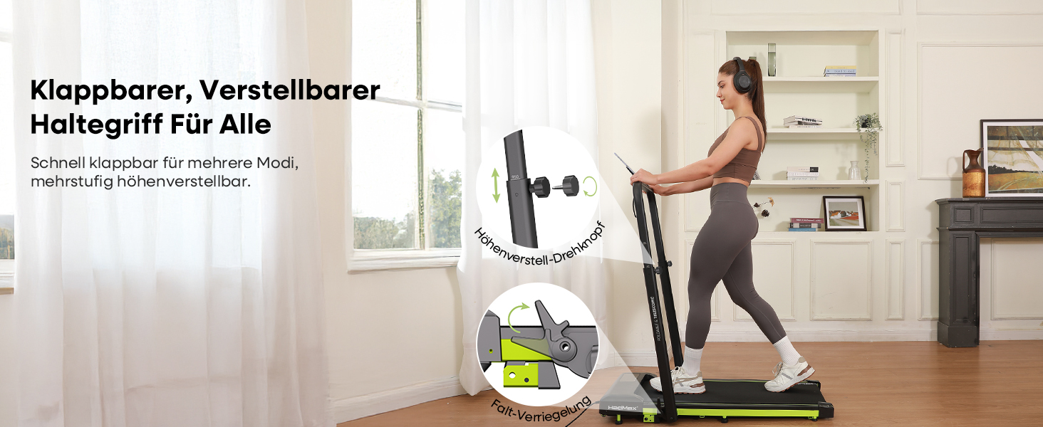 Бігова доріжка Walking Pad з нахилом 10%, 3.0 к.с., складна, для дому з магнітним пультом, LED-дисплеєм, висувними поручнями, 12 програм HIIT, до 136 кг, зелена