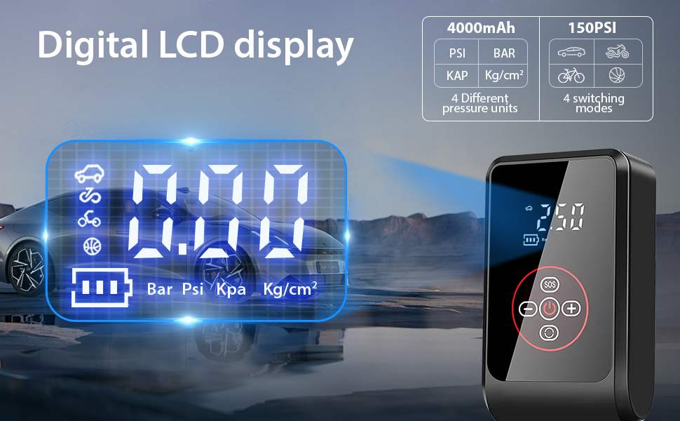 Електричний насос LOVPIS для велосипеда, авто, мотоцикла та м'ячів (150PSI, 4000mAh)