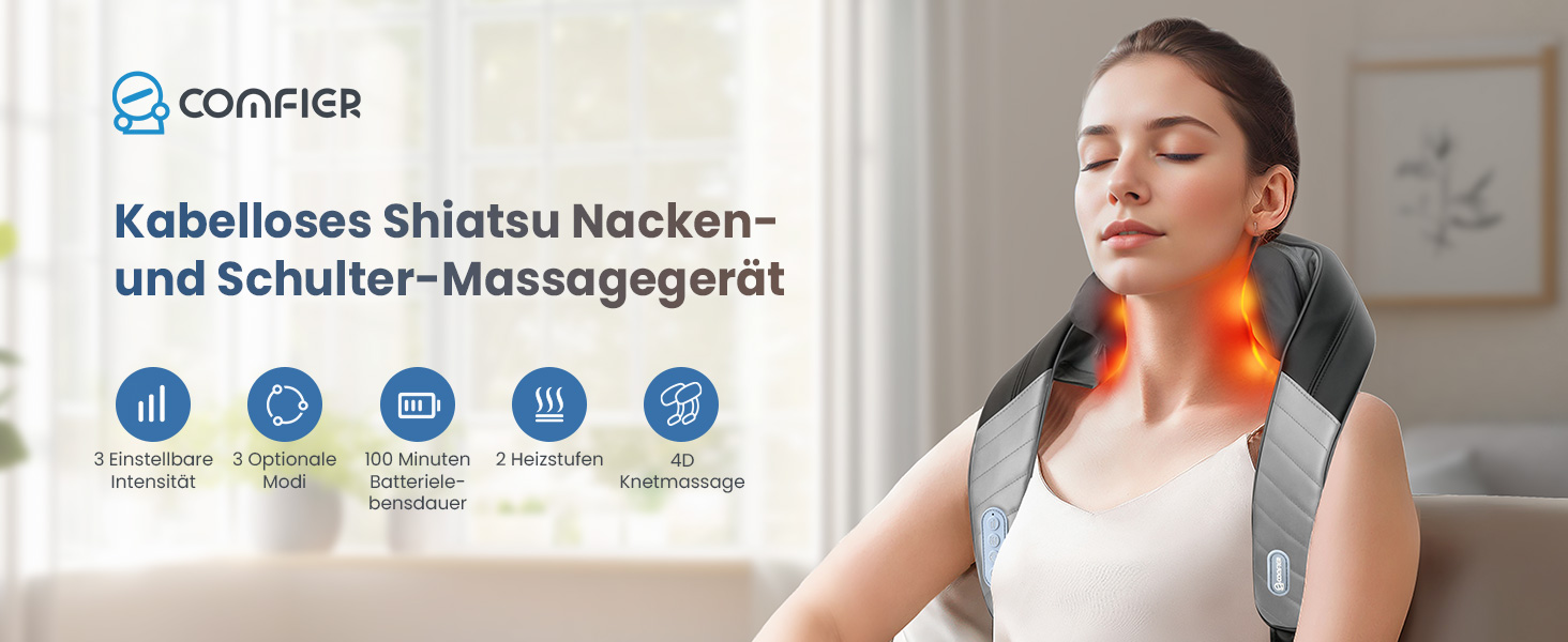 COMFIER 4D Шиацу масажер для шиї та плечей з підігрівом, бездротовий масажер для спини, шиї та плечей, для зняття болю в шиї, плечах і ногах, подарунок