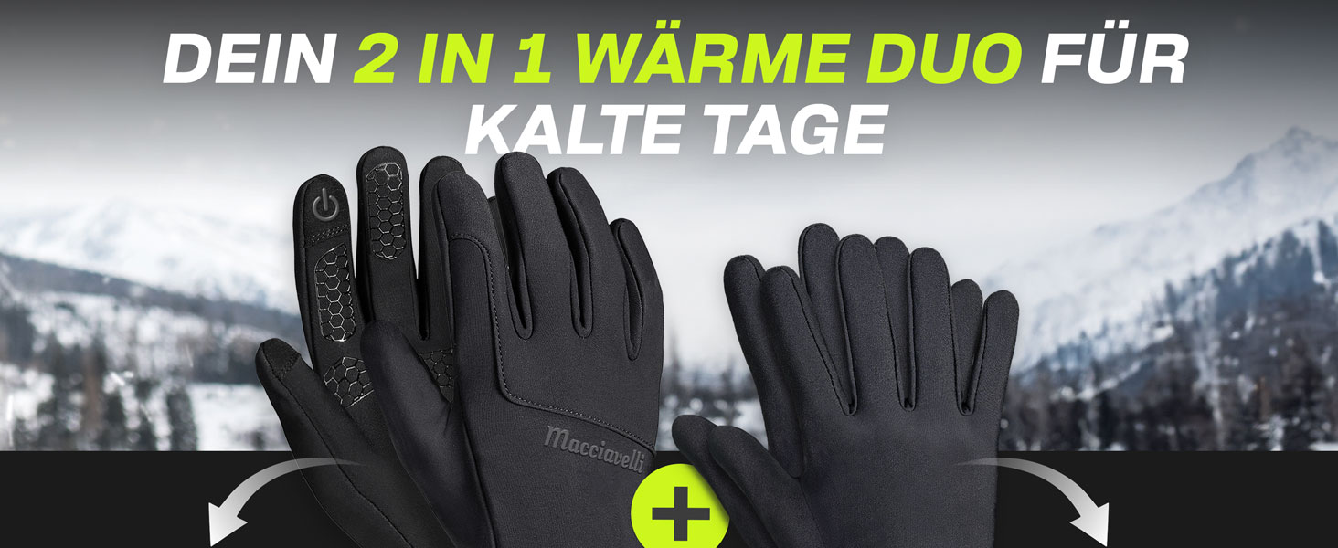 Велосипедні рукавички MACCIAVELLI® для чоловіків та жінок - зимові, 2-в-1 комплект з підкладками, сенсорні, для їзди на велосипеді/MTB/бігу, чорні, розмір L