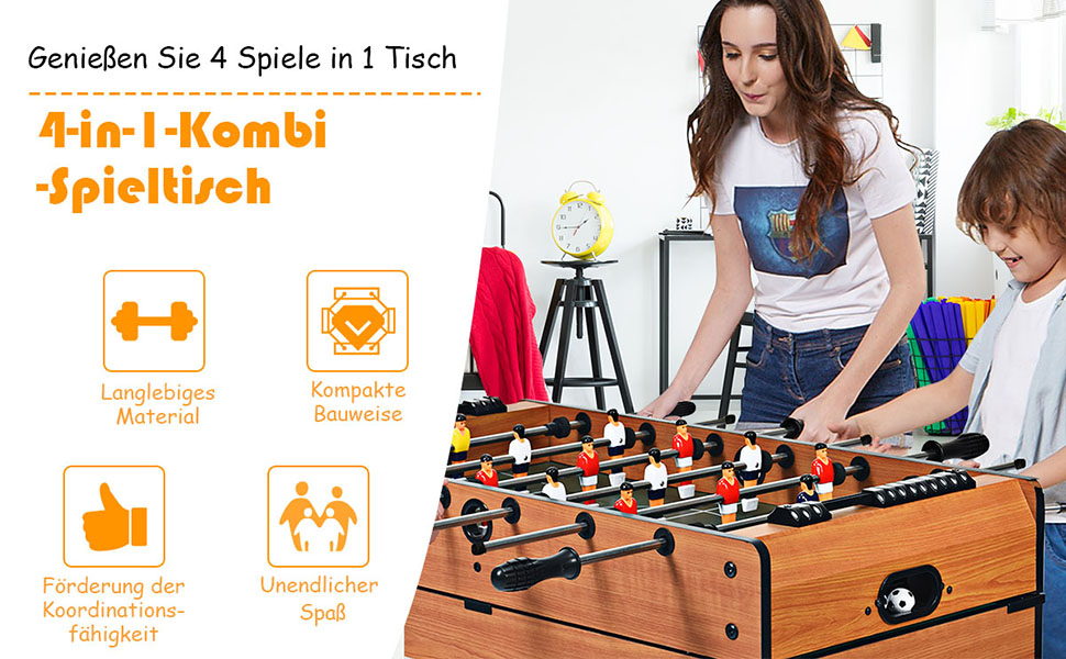 COSTWAY 4-в-1 ігровий стіл: пінг-понг, хокей, футбол, більярд, дерев'яний, для дітей та дорослих