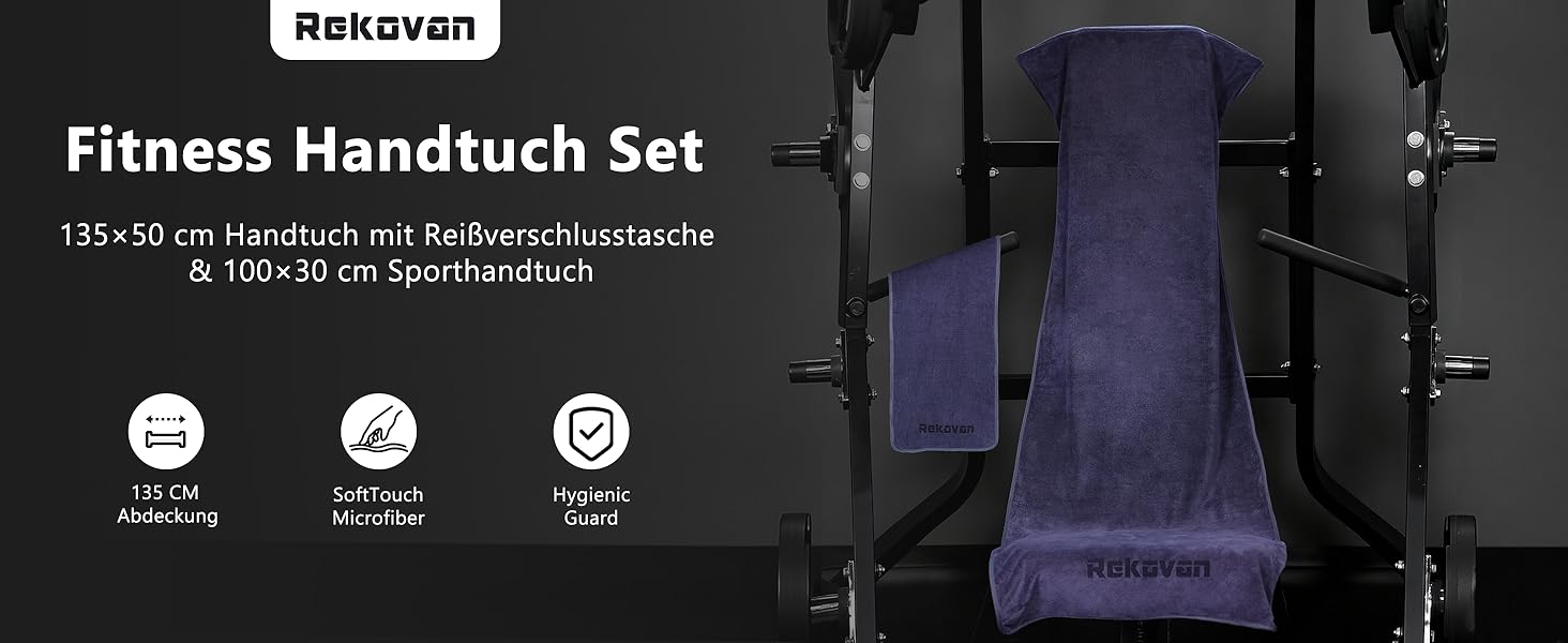 Набір рушників для фітнесу - великий 135×50 см з кишенею на блискавці & спортивний рушник 100×30 см - з високоякісної мікрофібри, швидковисихаючий та м'який - з мішком для зберігання - для спортзалу, тренувань, йоги, фітнесу. Глибокий фіолетовий колір