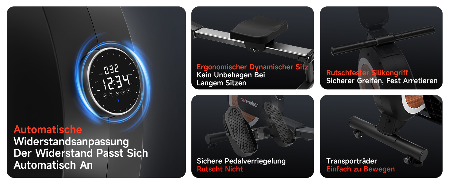 Гребний тренажер Wenoker з магнітним опором, для дому, 32 рівні навантаження, LCD-монітор, 160 кг, з мобільною APP