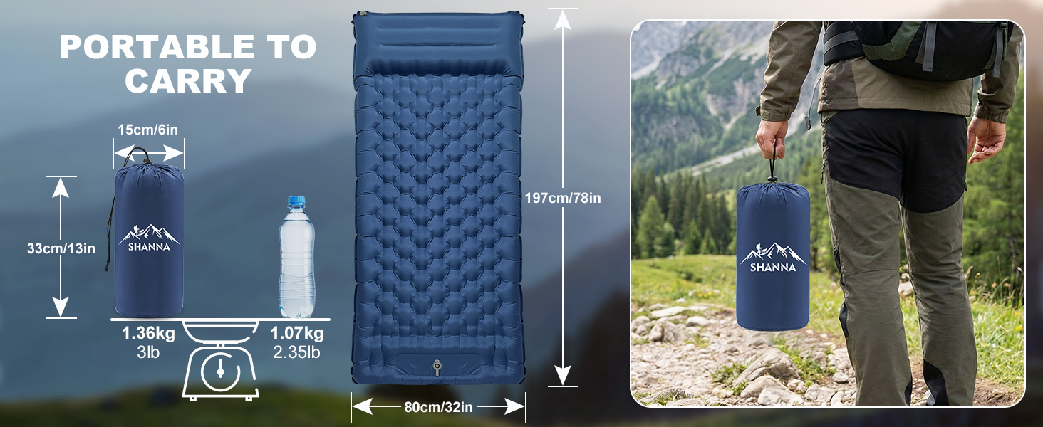 Надувний килимок для кемпінгу Shanna Outdoor 8 см з вбудованим насосом (синьо-блакитний)