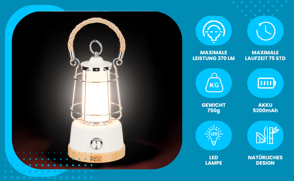 LED кемпінговий ліхтар на акумуляторі з Power Bank, 370lm, регулювання яскравості, USB зарядка, 2200-6500K, до 75 годин роботи, IP44, бамбук та льон