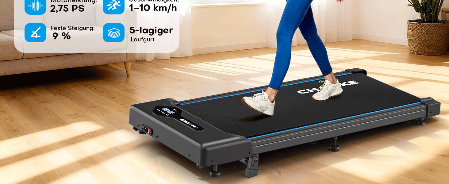 Ходунка CHAOKE з регулюванням нахилу 9%, біговий стіл для дому та офісу, потужний 2.75 PS мотор, до 150 кг, 12 HIIT-програм та пульт керування (чорний)