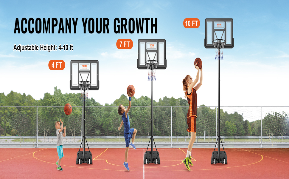 Баскетбольне кільце VEVOR вуличне з підставкою 122-305 см, регульована висота, чорне, стійке до погодних умов та іржі, мобільне (з водою/піском), діаметр 44 см