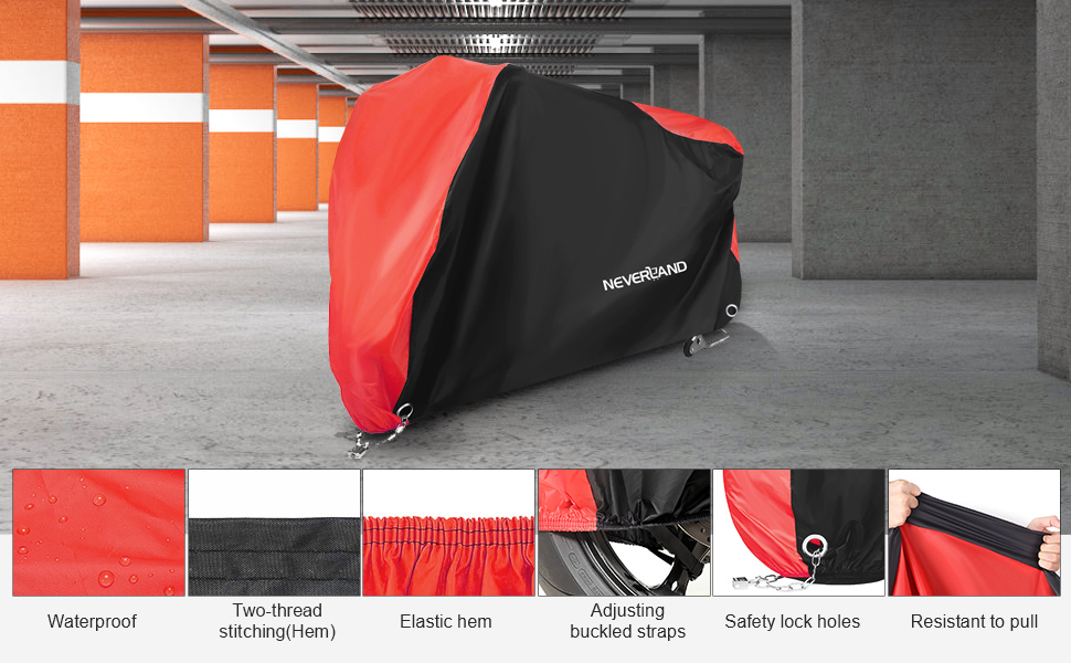 Водонепроникний чохол для мотоцикла NEVERLAND XXXL (255x75x145см), 300D Oxford, захисна навіс-гараж з замками та вітрозахистом, чорно-червоний