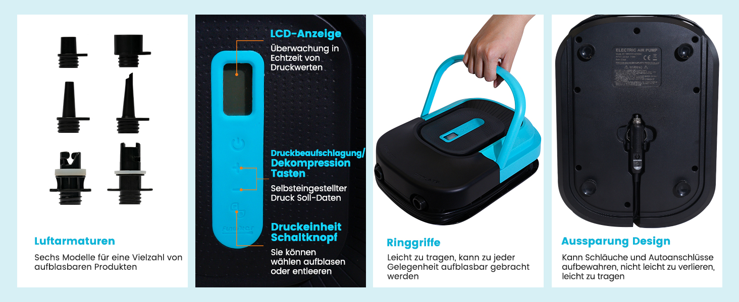 Електричний насос FunWater для SUP, надувних човнів, басейнів та наметів. 20 PSI, 12V DC, 6 насадок, блакитний