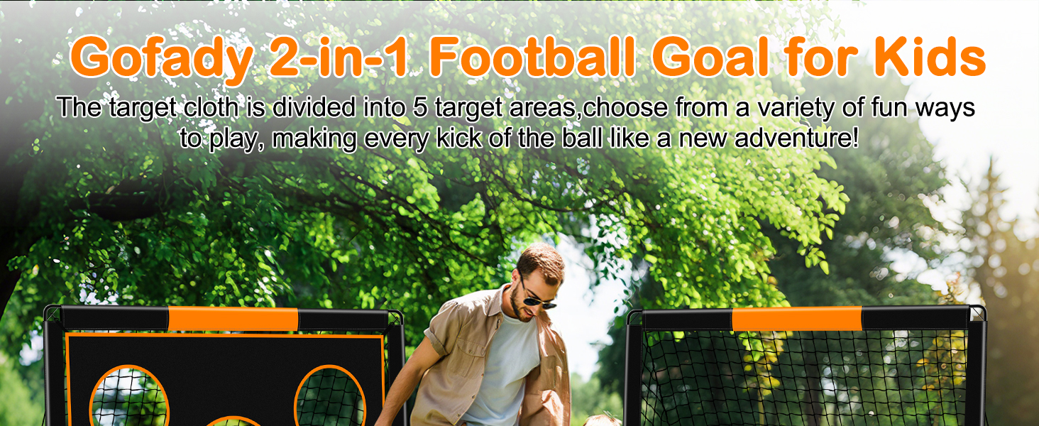 Дитячі воріта для футболу 2-в-1, 150х120 см, портативні та стабільні, з 5 зонами для забивання, 4 кілочки для кріплення та сумка для перенесення, для саду, парку, пляжу, оранжеві