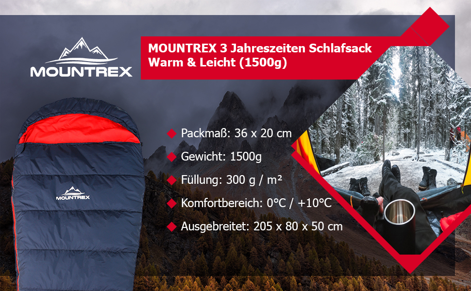 Сплячий мішок MOUNTREX® - Легкий та компактний (760г/1500г) - Outdoor літній спальний мішок (100GSM) / 3-4 сезони (300GSM) - Мумієвидний спальний мішок для кемпінгу, подорожей, фестивалів – Теплий та з'єднуваний (Темно-синій/Червоний, 3 сезони - 1500г (RV Праворуч))